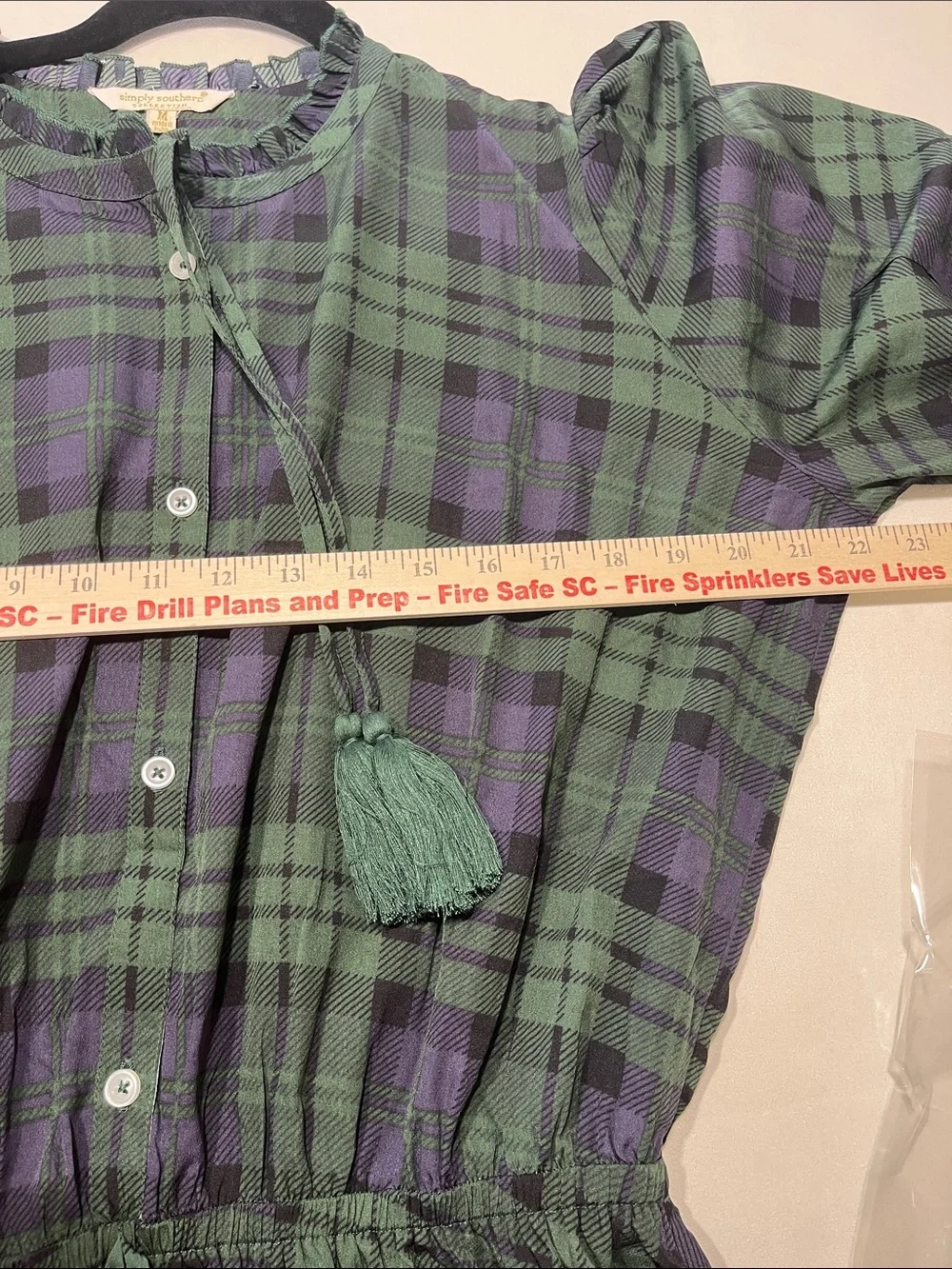 Simply Southern Plaid Tassel Tiered Mini Dress Green Purple Size M